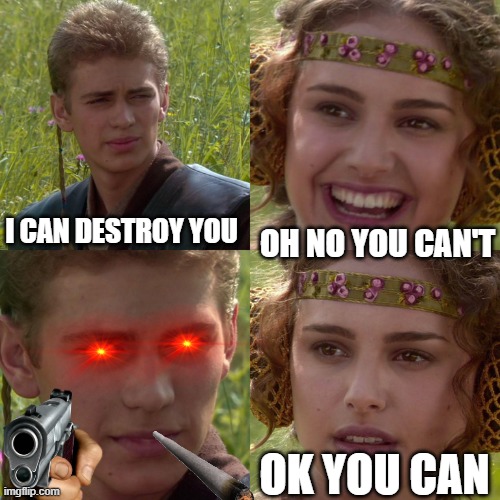 Anakin Padme 4 Panel | I CAN DESTROY YOU; OH NO YOU CAN'T; OK YOU CAN | image tagged in anakin padme 4 panel | made w/ Imgflip meme maker