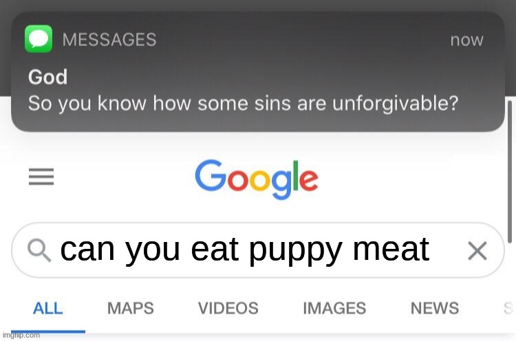 So you know how some sins are unforgivable? | can you eat puppy meat | image tagged in so you know how some sins are unforgivable | made w/ Imgflip meme maker