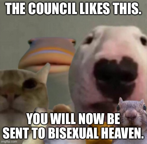 The council remastered | THE COUNCIL LIKES THIS. YOU WILL NOW BE SENT TO BISEXUAL HEAVEN. | image tagged in the council remastered | made w/ Imgflip meme maker