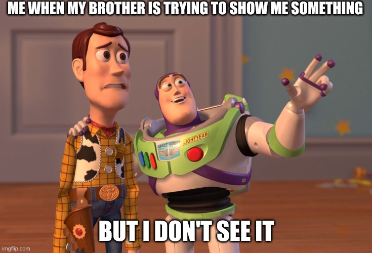 X, X Everywhere | ME WHEN MY BROTHER IS TRYING TO SHOW ME SOMETHING; BUT I DON'T SEE IT | image tagged in memes,x x everywhere | made w/ Imgflip meme maker