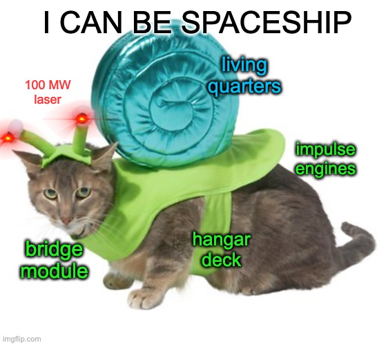 As long as the cat likes his costume, Halloween will be FINE | I CAN BE SPACESHIP; living quarters; 100 MW 
laser; impulse engines; hangar deck; bridge module | image tagged in snail cat,spooktober,cat,costume,spaceship,snail | made w/ Imgflip meme maker