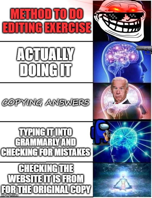 editing exercises | METHOD TO DO EDITING EXERCISE; ACTUALLY DOING IT; COPYING ANSWERS; TYPING IT INTO GRAMMARLY AND CHECKING FOR MISTAKES; CHECKING THE WEBSITE IT IS FROM FOR THE ORIGINAL COPY | image tagged in expanding brain 5 panel | made w/ Imgflip meme maker