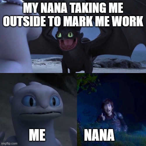 if you like this gove a like and a comment.....thank you | MY NANA TAKING ME OUTSIDE TO MARK ME WORK; ME               NANA | image tagged in night fury | made w/ Imgflip meme maker