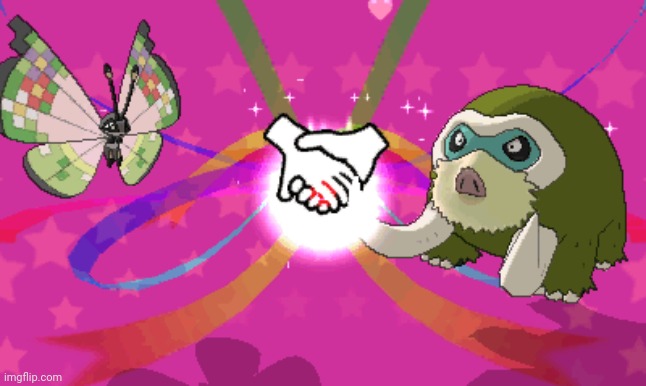 Vivillon x Mamoswine! | image tagged in pokemon hold hands | made w/ Imgflip meme maker