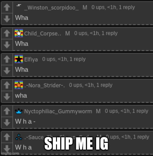 W h a | SHIP ME IG | image tagged in w h a | made w/ Imgflip meme maker