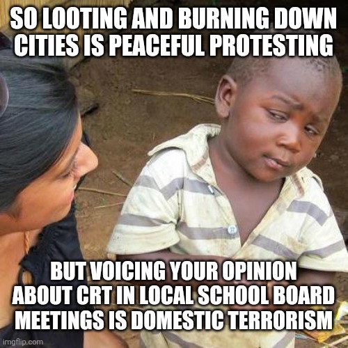 Third World Skeptical Kid Meme | SO LOOTING AND BURNING DOWN CITIES IS PEACEFUL PROTESTING; BUT VOICING YOUR OPINION ABOUT CRT IN LOCAL SCHOOL BOARD MEETINGS IS DOMESTIC TERRORISM | image tagged in memes,third world skeptical kid | made w/ Imgflip meme maker