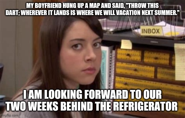 Appliance Vacation | MY BOYFRIEND HUNG UP A MAP AND SAID, "THROW THIS DART; WHEREVER IT LANDS IS WHERE WE WILL VACATION NEXT SUMMER."; I AM LOOKING FORWARD TO OUR TWO WEEKS BEHIND THE REFRIGERATOR | image tagged in vacation,trip,aubrey plaza,funny memes | made w/ Imgflip meme maker