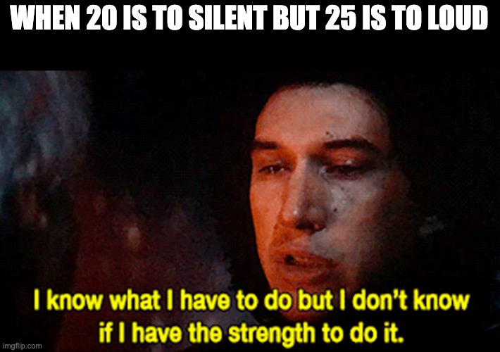 :I | WHEN 20 IS TO SILENT BUT 25 IS TO LOUD | image tagged in i know what i have to do but i don't know if i have the strength | made w/ Imgflip meme maker