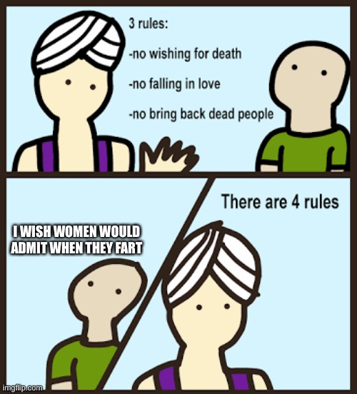 There are 3 rules | I WISH WOMEN WOULD ADMIT WHEN THEY FART | image tagged in there are 3 rules | made w/ Imgflip meme maker