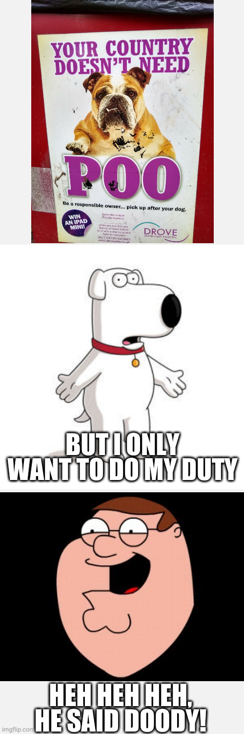 Brian Griffin only wants to do his duty, heh heh heh |  BUT I ONLY WANT TO DO MY DUTY; HEH HEH HEH, HE SAID DOODY! | image tagged in memes,family guy brian | made w/ Imgflip meme maker