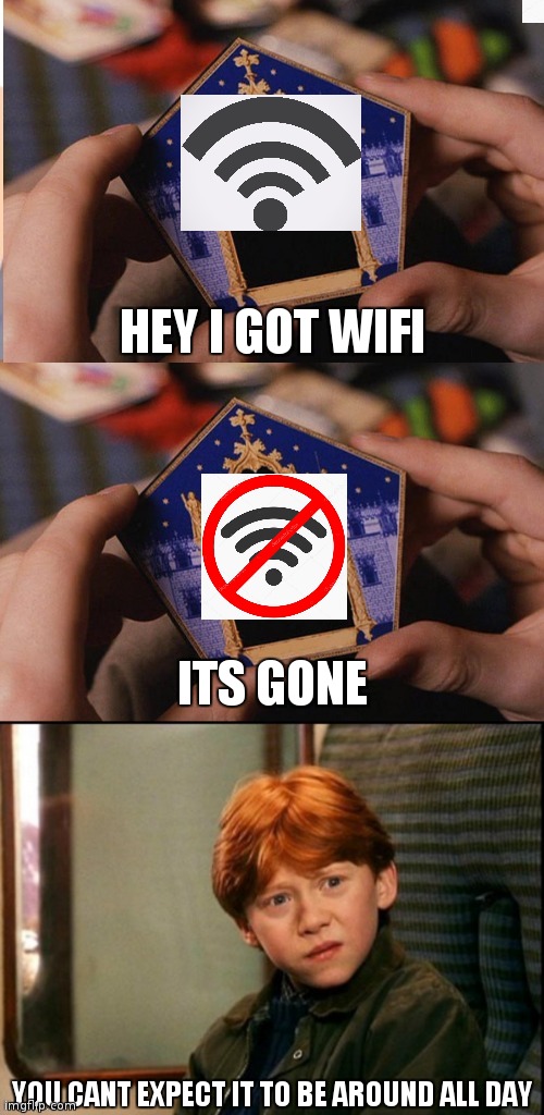 True | HEY I GOT WIFI; ITS GONE; YOU CANT EXPECT IT TO BE AROUND ALL DAY | image tagged in harry potter chocolate frog box | made w/ Imgflip meme maker