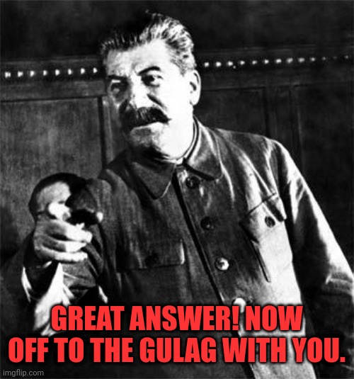 Stalin | GREAT ANSWER! NOW OFF TO THE GULAG WITH YOU. | image tagged in stalin | made w/ Imgflip meme maker