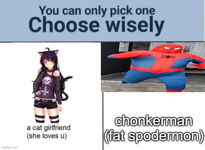 why do  i have this picture | chonkerman
(fat spodermon) | image tagged in choose wisely | made w/ Imgflip meme maker