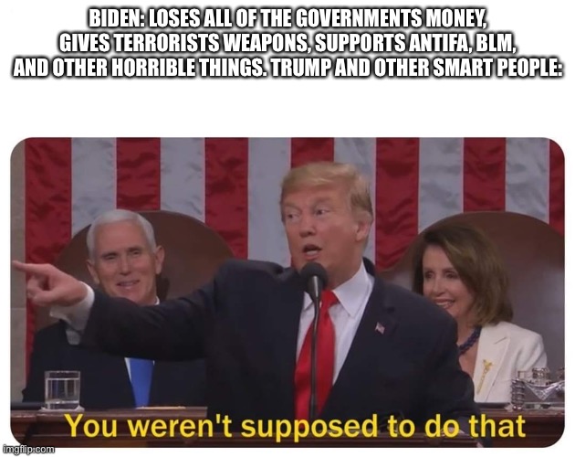 You weren't supposed to do that | BIDEN: LOSES ALL OF THE GOVERNMENTS MONEY, GIVES TERRORISTS WEAPONS, SUPPORTS ANTIFA, BLM, AND OTHER HORRIBLE THINGS. TRUMP AND OTHER SMART PEOPLE: | image tagged in you weren't supposed to do that | made w/ Imgflip meme maker