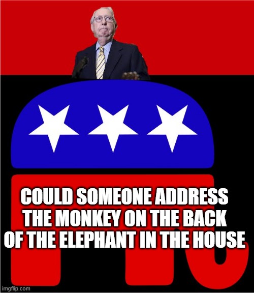 Republicans | COULD SOMEONE ADDRESS THE MONKEY ON THE BACK OF THE ELEPHANT IN THE HOUSE | image tagged in republicans,mitch mcconnell,obstruction | made w/ Imgflip meme maker