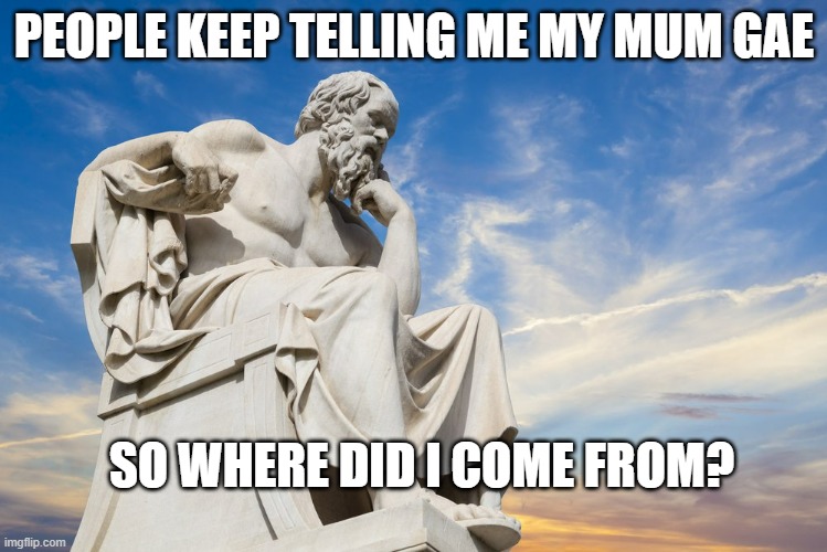 moms are inherently gay......... | PEOPLE KEEP TELLING ME MY MUM GAE; SO WHERE DID I COME FROM? | image tagged in philosophy | made w/ Imgflip meme maker