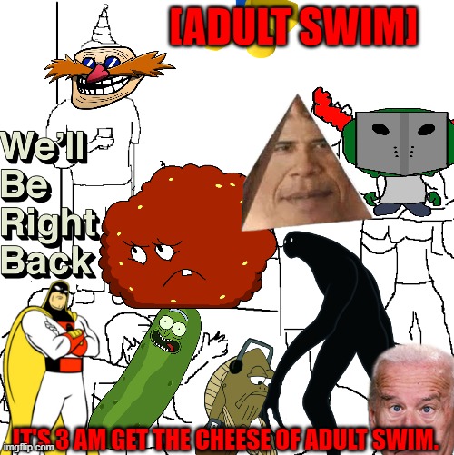 adult swim | [ADULT SWIM]; IT'S 3 AM GET THE CHEESE OF ADULT SWIM. | image tagged in adult swim,meme | made w/ Imgflip meme maker