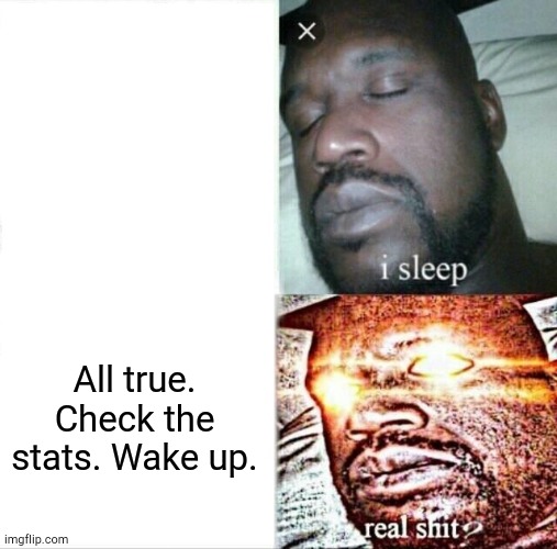 Sleeping Shaq Meme | All true. Check the stats. Wake up. | image tagged in memes,sleeping shaq | made w/ Imgflip meme maker