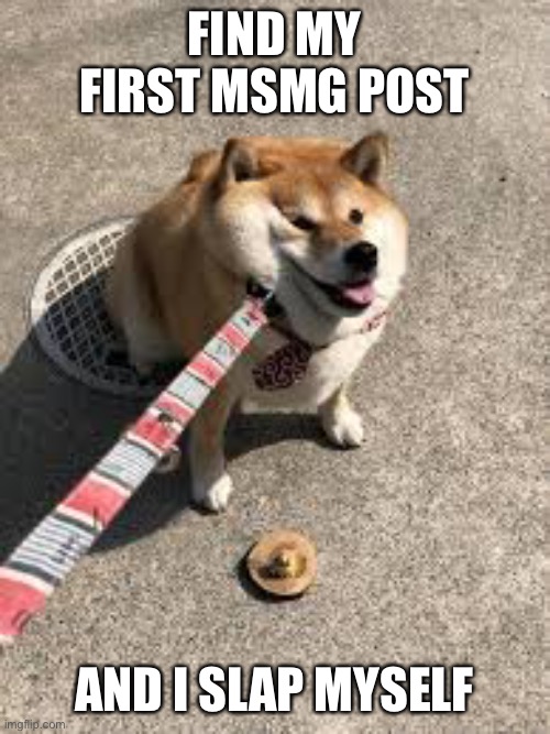 Squishy doggo leash | FIND MY FIRST MSMG POST; AND I SLAP MYSELF | image tagged in squishy doggo leash | made w/ Imgflip meme maker