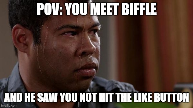 sweating bullets | POV: YOU MEET BIFFLE; AND HE SAW YOU NOT HIT THE LIKE BUTTON | image tagged in sweating bullets | made w/ Imgflip meme maker