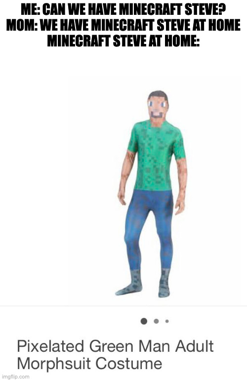 Pixelated green man morph suit | ME: CAN WE HAVE MINECRAFT STEVE?
MOM: WE HAVE MINECRAFT STEVE AT HOME
MINECRAFT STEVE AT HOME: | made w/ Imgflip meme maker