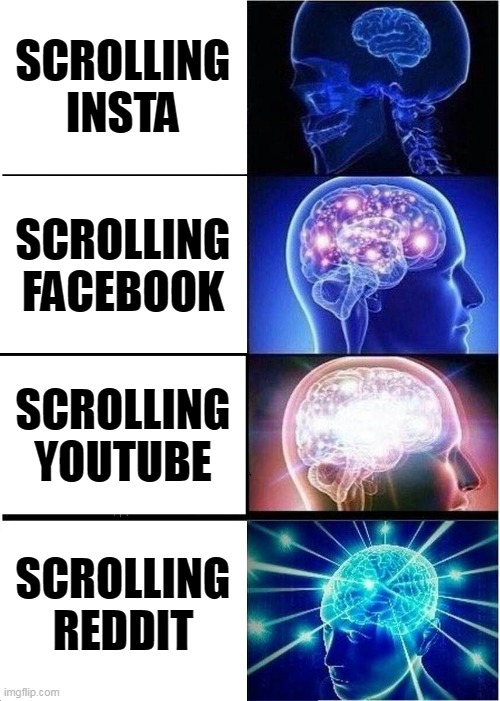 Expanding Brain | SCROLLING INSTA; SCROLLING FACEBOOK; SCROLLING YOUTUBE; SCROLLING REDDIT | image tagged in memes,expanding brain | made w/ Imgflip meme maker