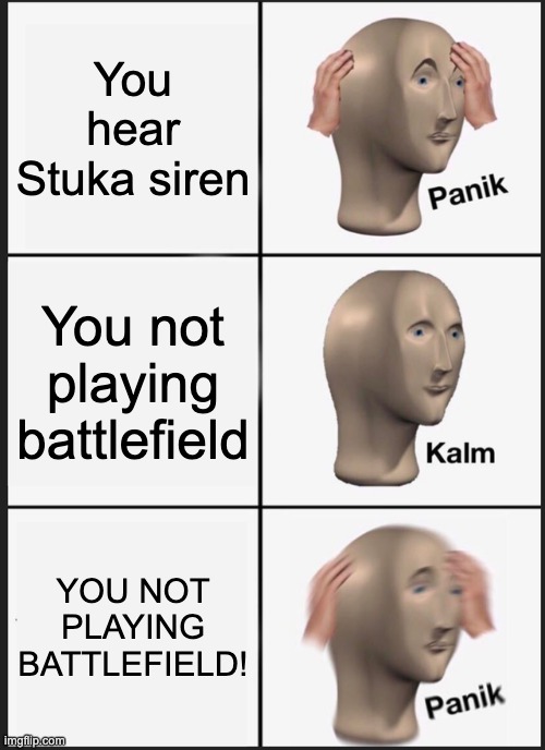 This is how the Battlefield 2042 began... | You hear Stuka siren; You not playing battlefield; YOU NOT PLAYING BATTLEFIELD! | image tagged in memes,panik kalm panik | made w/ Imgflip meme maker