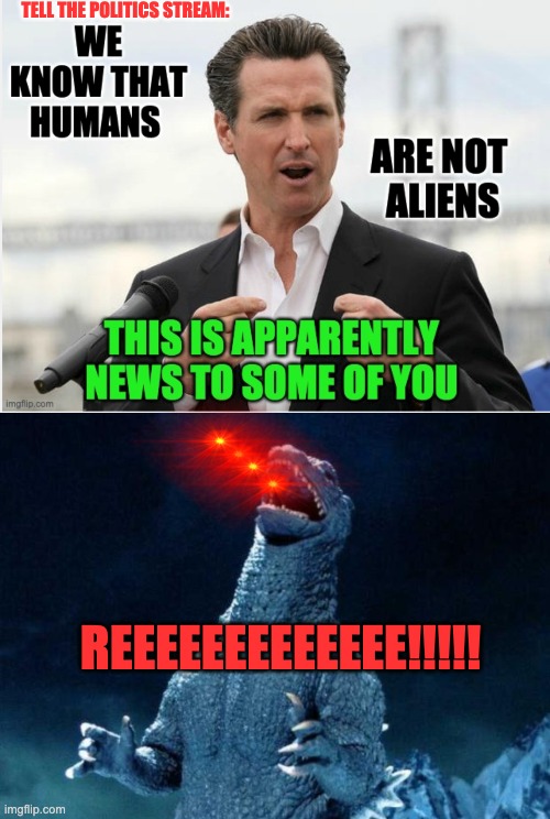 News? or olds? | TELL THE POLITICS STREAM:; REEEEEEEEEEEEE!!!!! | image tagged in laughing godzilla,godzilla,immigrants,california | made w/ Imgflip meme maker