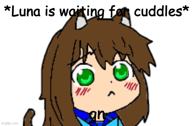 Gn! (I am asleep fuckers!) | *Luna is waiting for cuddles*; gn | image tagged in kawaii luna | made w/ Imgflip meme maker