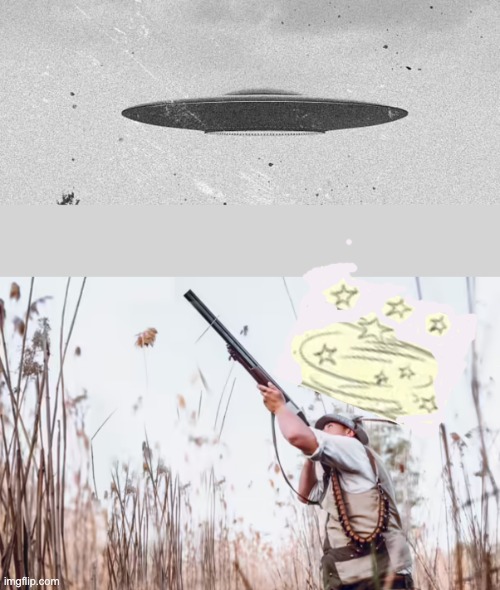 image tagged in elmer fudd,flying saucer,rural | made w/ Imgflip meme maker