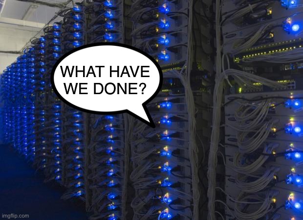 Server Racks | WHAT HAVE WE DONE? | image tagged in server racks | made w/ Imgflip meme maker