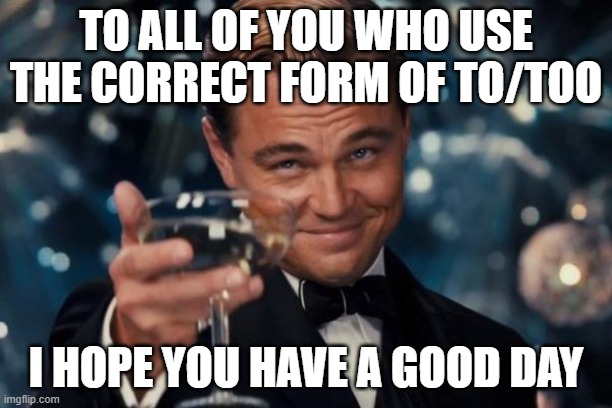 yep i'm one of those types of people | TO ALL OF YOU WHO USE THE CORRECT FORM OF TO/TOO; I HOPE YOU HAVE A GOOD DAY | image tagged in memes,leonardo dicaprio cheers,have a good day | made w/ Imgflip meme maker