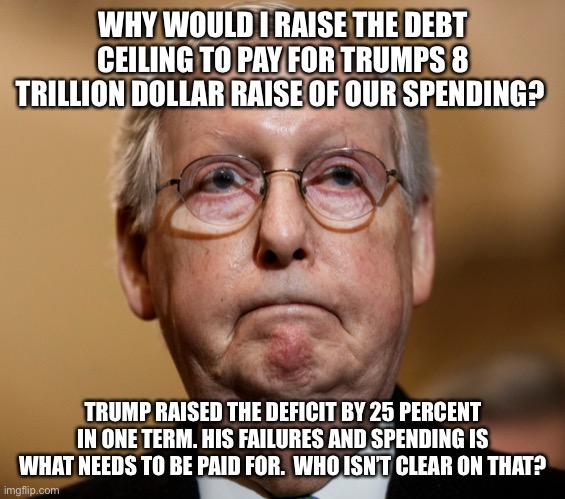 Droopy Mitch McConnell | WHY WOULD I RAISE THE DEBT CEILING TO PAY FOR TRUMPS 8 TRILLION DOLLAR RAISE OF OUR SPENDING? TRUMP RAISED THE DEFICIT BY 25 PERCENT IN ONE TERM. HIS FAILURES AND SPENDING IS WHAT NEEDS TO BE PAID FOR.  WHO ISN’T CLEAR ON THAT? | image tagged in droopy mitch mcconnell | made w/ Imgflip meme maker