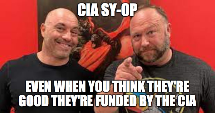 who sponsors who | CIA SY-OP; EVEN WHEN YOU THINK THEY'RE GOOD THEY'RE FUNDED BY THE CIA | image tagged in joe rogan,alex jones,karma's a bitch | made w/ Imgflip meme maker