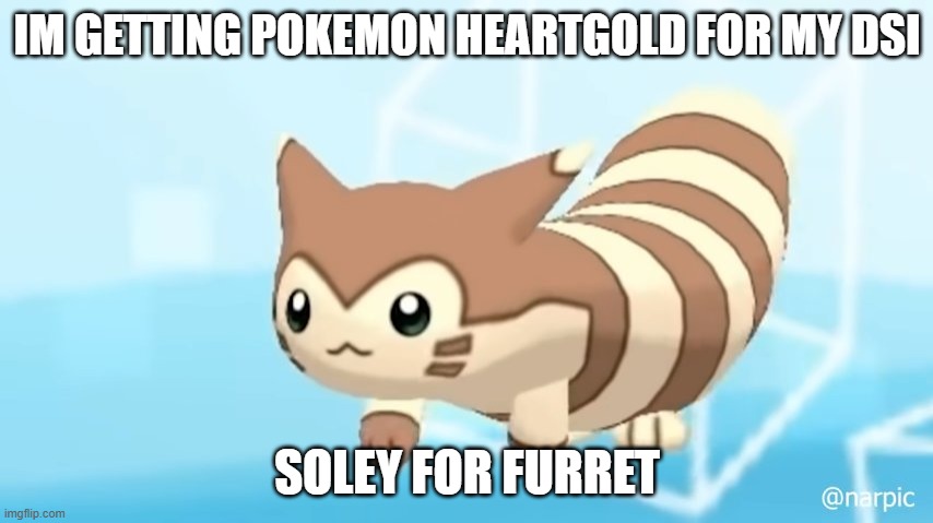 he can be found in route 1 | IM GETTING POKEMON HEARTGOLD FOR MY DSI; SOLEY FOR FURRET | image tagged in furret walcc | made w/ Imgflip meme maker