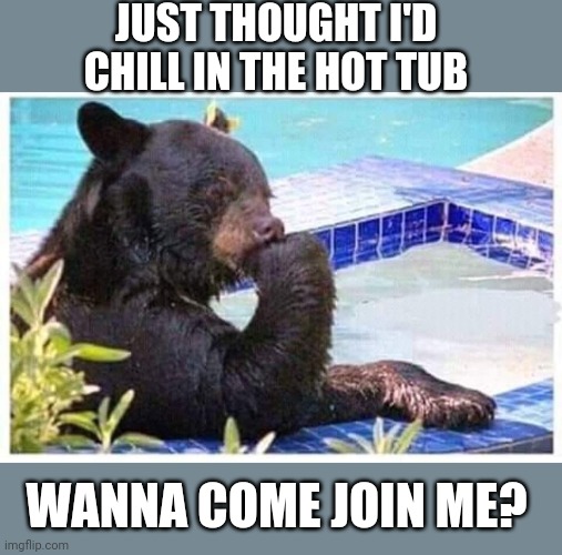 Thinking bear | JUST THOUGHT I'D CHILL IN THE HOT TUB WANNA COME JOIN ME? | image tagged in thinking bear | made w/ Imgflip meme maker