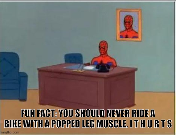 Spiderman Computer Desk | FUN FACT: YOU SHOULD NEVER RIDE A BIKE WITH A POPPED LEG MUSCLE. I T H U R T S | image tagged in memes,spiderman computer desk,spiderman | made w/ Imgflip meme maker