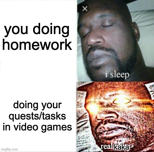 Sleeping Shaq | you doing homework; doing your quests/tasks in video games; kaka | image tagged in memes,sleeping shaq | made w/ Imgflip meme maker