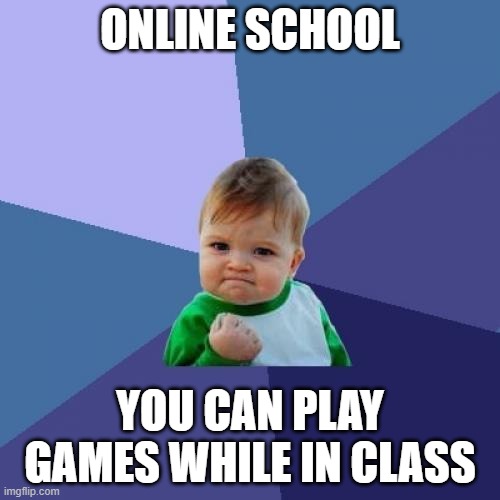 Success Kid | ONLINE SCHOOL; YOU CAN PLAY GAMES WHILE IN CLASS | image tagged in memes,success kid | made w/ Imgflip meme maker