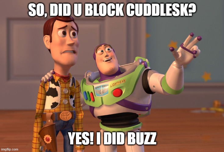 Cuddlesk is blocked | SO, DID U BLOCK CUDDLESK? YES! I DID BUZZ | image tagged in memes,x x everywhere,meowthfans,buzz and woody | made w/ Imgflip meme maker