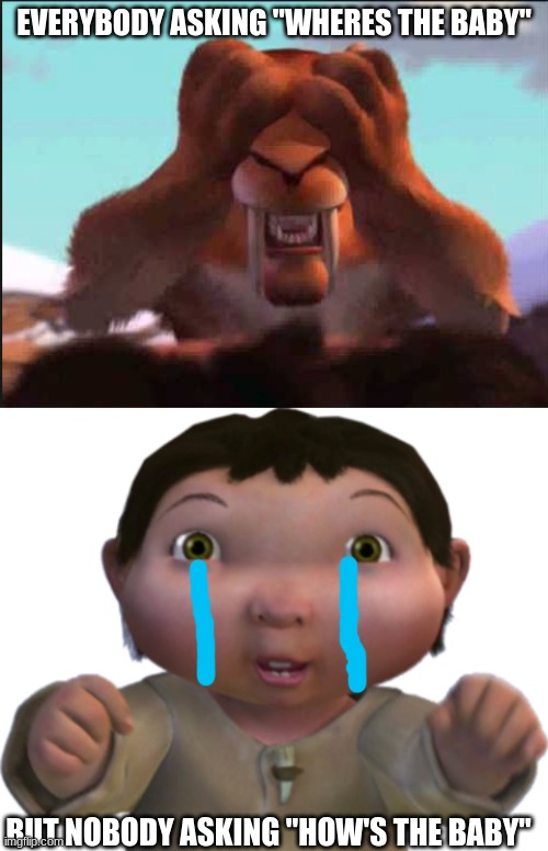 EVERYBODY ASKING "WHERES THE BABY"; BUT NOBODY ASKING "HOW'S THE BABY" | image tagged in where is the baby,ice age baby | made w/ Imgflip meme maker
