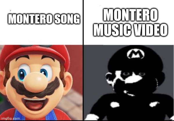 Happy mario Vs Dark Mario | MONTERO MUSIC VIDEO; MONTERO SONG | image tagged in happy mario vs dark mario | made w/ Imgflip meme maker