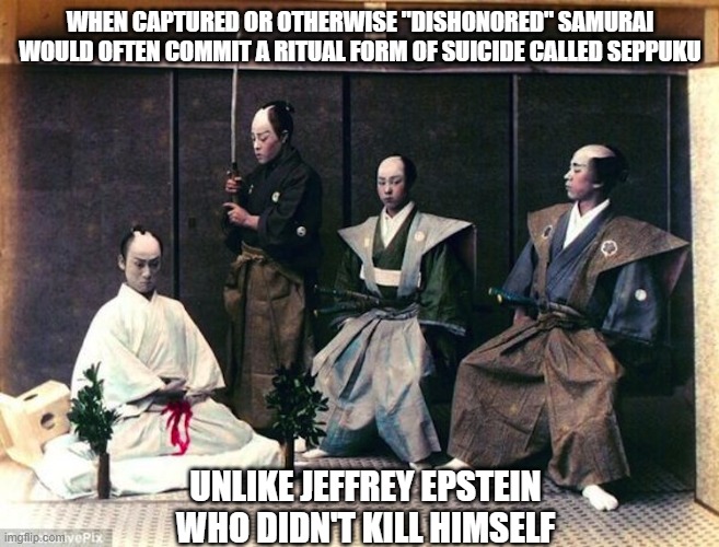 Epstein San | WHEN CAPTURED OR OTHERWISE "DISHONORED" SAMURAI WOULD OFTEN COMMIT A RITUAL FORM OF SUICIDE CALLED SEPPUKU; UNLIKE JEFFREY EPSTEIN WHO DIDN'T KILL HIMSELF | image tagged in seppuku,jeffrey epstein,suicide | made w/ Imgflip meme maker