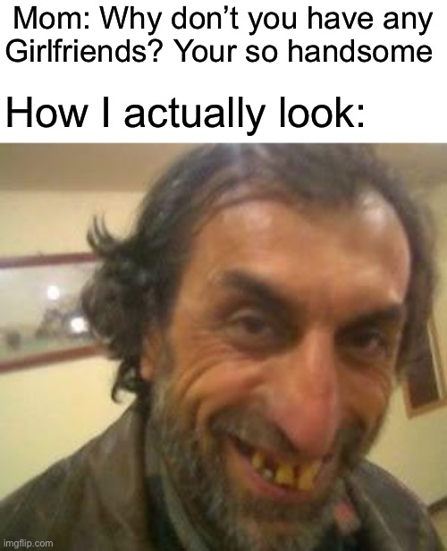 True | Mom: Why don’t you have any Girlfriends? Your so handsome; How I actually look: | image tagged in ugly guy | made w/ Imgflip meme maker