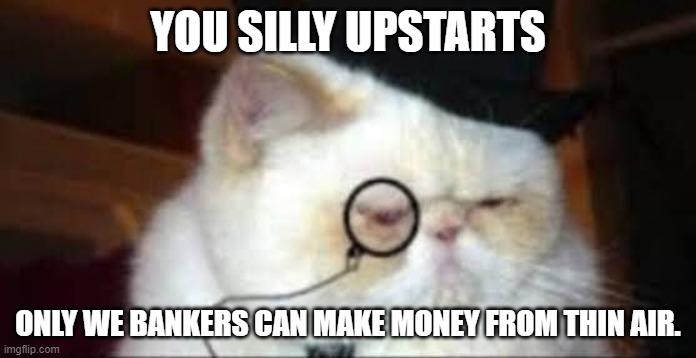 banker cat | YOU SILLY UPSTARTS; ONLY WE BANKERS CAN MAKE MONEY FROM THIN AIR. | image tagged in cryptocurrency | made w/ Imgflip meme maker