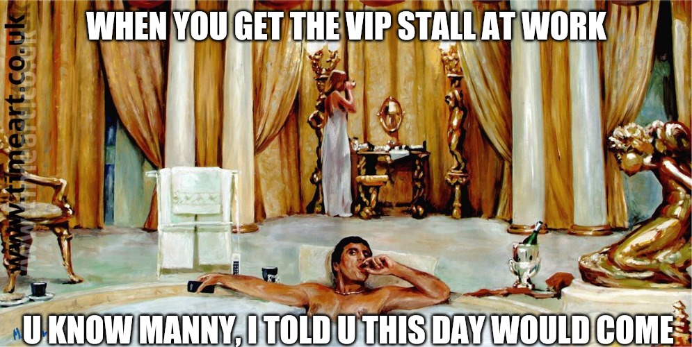 scarface tub painting | WHEN YOU GET THE VIP STALL AT WORK; U KNOW MANNY, I TOLD U THIS DAY WOULD COME | image tagged in scarface tub painting | made w/ Imgflip meme maker