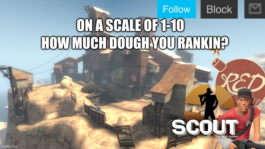 6 for me | HOW MUCH DOUGH YOU RANKIN? ON A SCALE OF 1-10 | image tagged in scouts 4 announcetemp | made w/ Imgflip meme maker