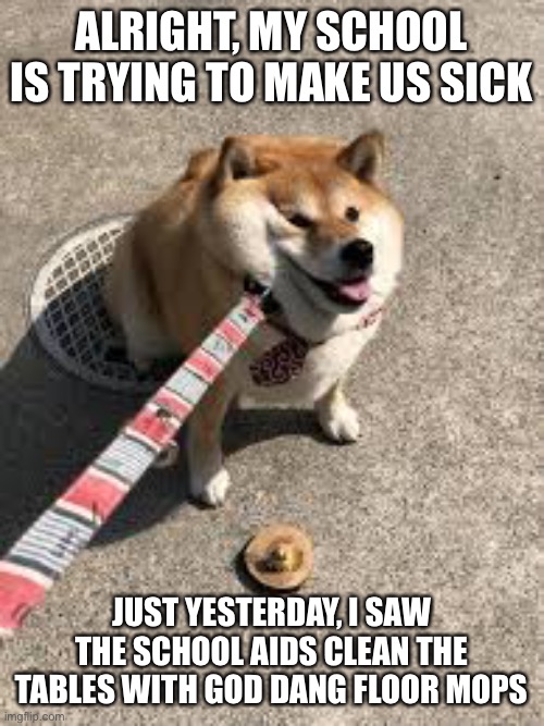 AND THEY USE THE FLOOR MOPS ON THE FLOOR | ALRIGHT, MY SCHOOL IS TRYING TO MAKE US SICK; JUST YESTERDAY, I SAW THE SCHOOL AIDS CLEAN THE TABLES WITH GOD DANG FLOOR MOPS | image tagged in squishy doggo leash | made w/ Imgflip meme maker