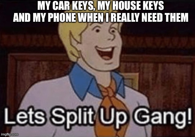 Let’s split up hang! |  MY CAR KEYS, MY HOUSE KEYS AND MY PHONE WHEN I REALLY NEED THEM | image tagged in let s split up hang,change my mind,monkeys,annoying,lol | made w/ Imgflip meme maker
