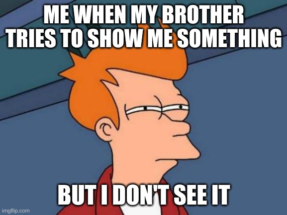 Futurama Fry | ME WHEN MY BROTHER TRIES TO SHOW ME SOMETHING; BUT I DON'T SEE IT | image tagged in memes,futurama fry | made w/ Imgflip meme maker